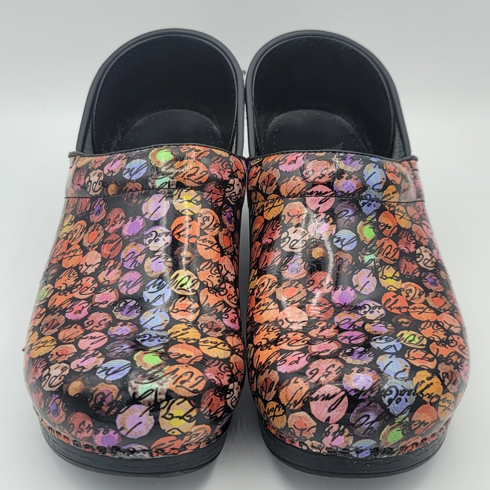 Dansko Viola Multicolor Dot/Cursive Slip On Nurse Clogs Women EU 40 US 9.5 - 10 - Picture 3 of 11